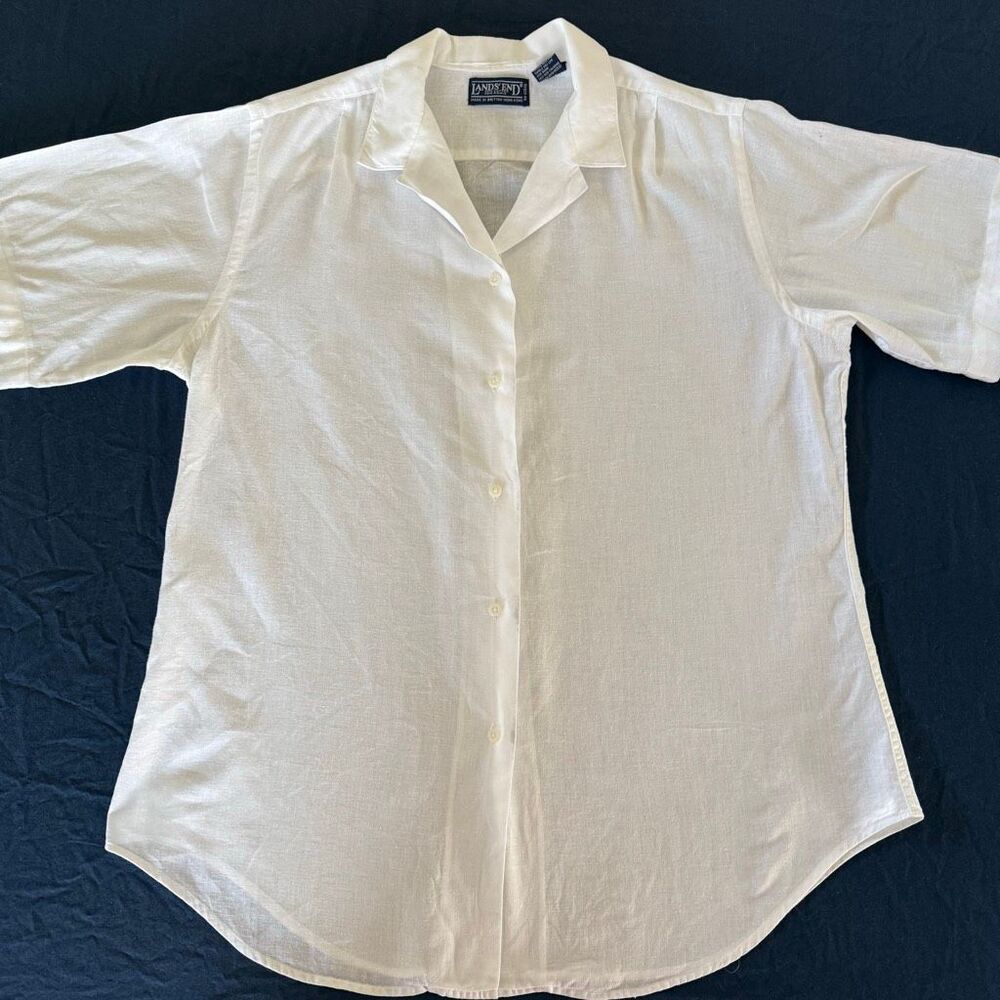 Lands’ End White Linen Blouse | British Hong Kong | Size 14 Classic
